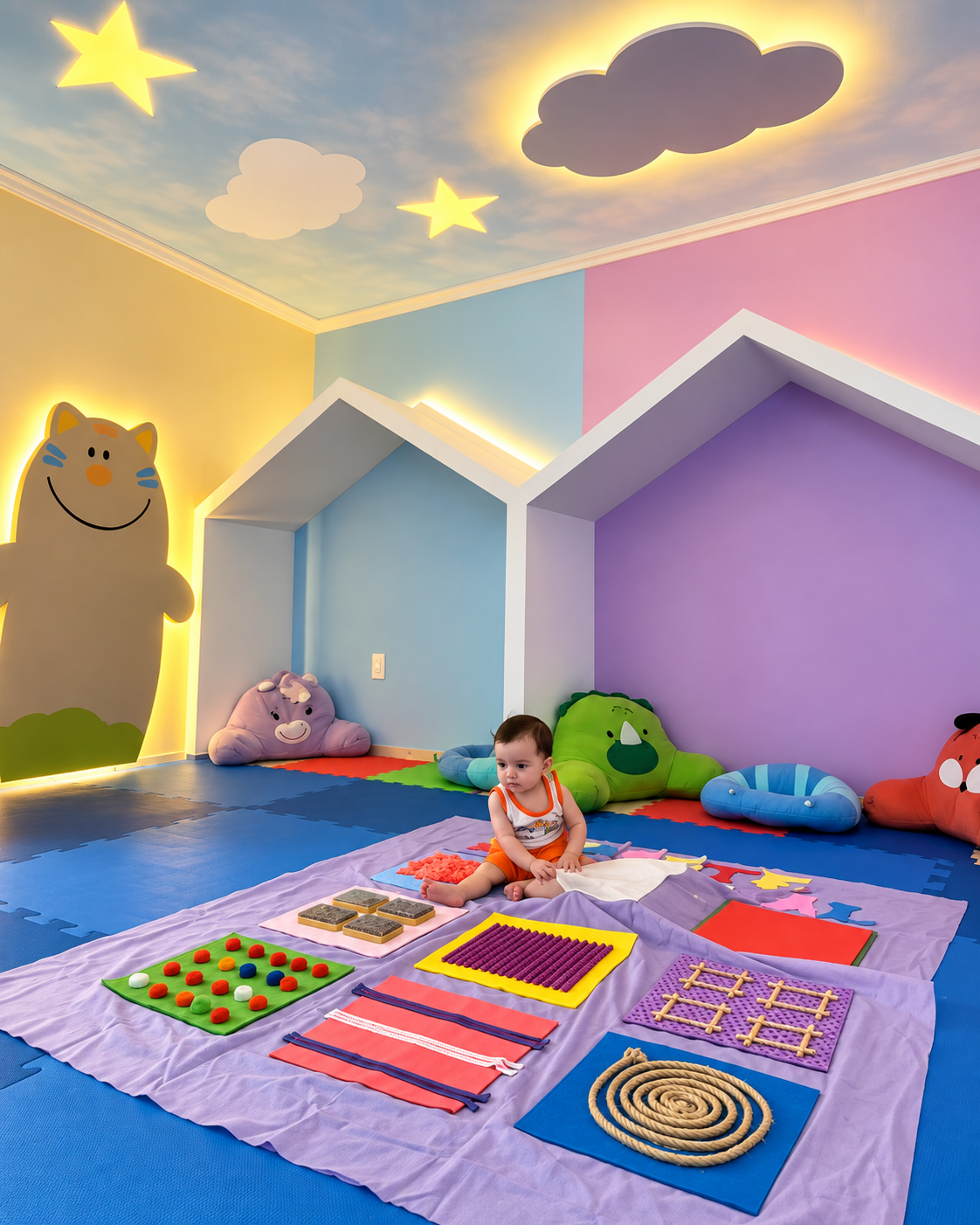 Ambiente pedagógico da Creche Escola Aurora com criança em atividade sensorial